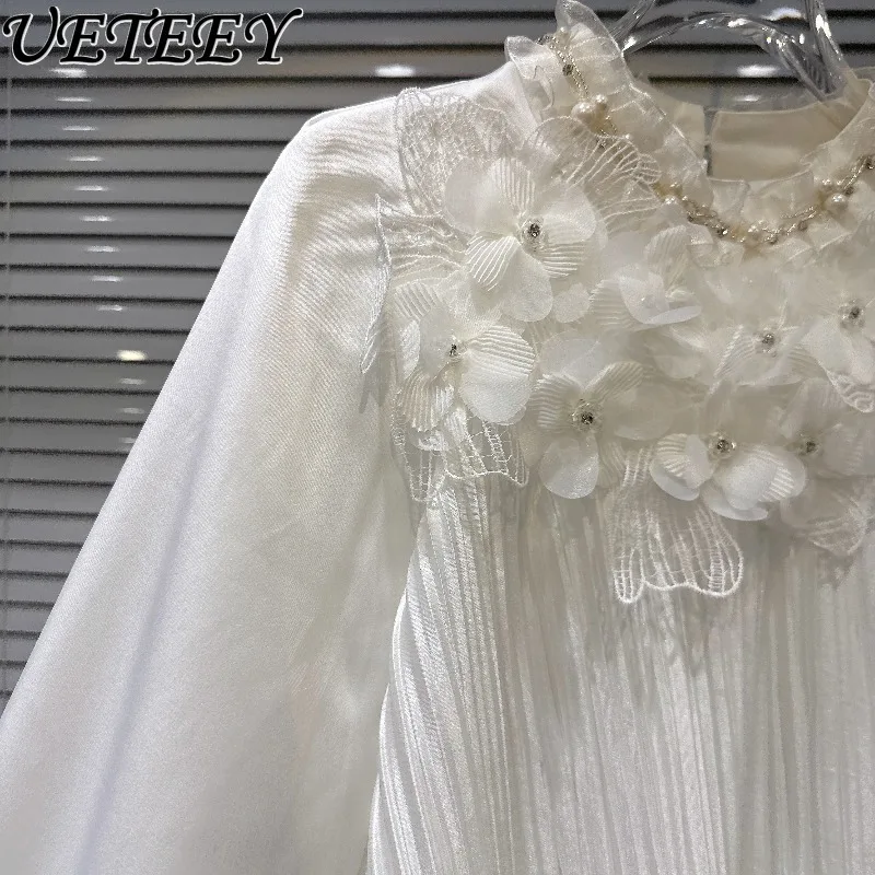 

Весенне-осенний новый французский романтический топ с цветочным жемчугом, универсальная плиссированная шифоновая блузка с круглым вырезом и длинными рукавами