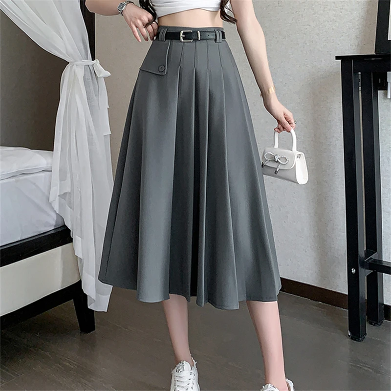 

Autumn Women's Pleated Skirts with Belted Korean High Waist Solid Button Umbrella A-Line Skirts Female 2023 New