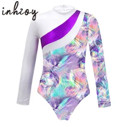 Children Gymnastics Leotard for Teens Girls Long Sleeve Holographic Print Ballet Dance Leotard Ice Skating Bodysuit Jumpsuit