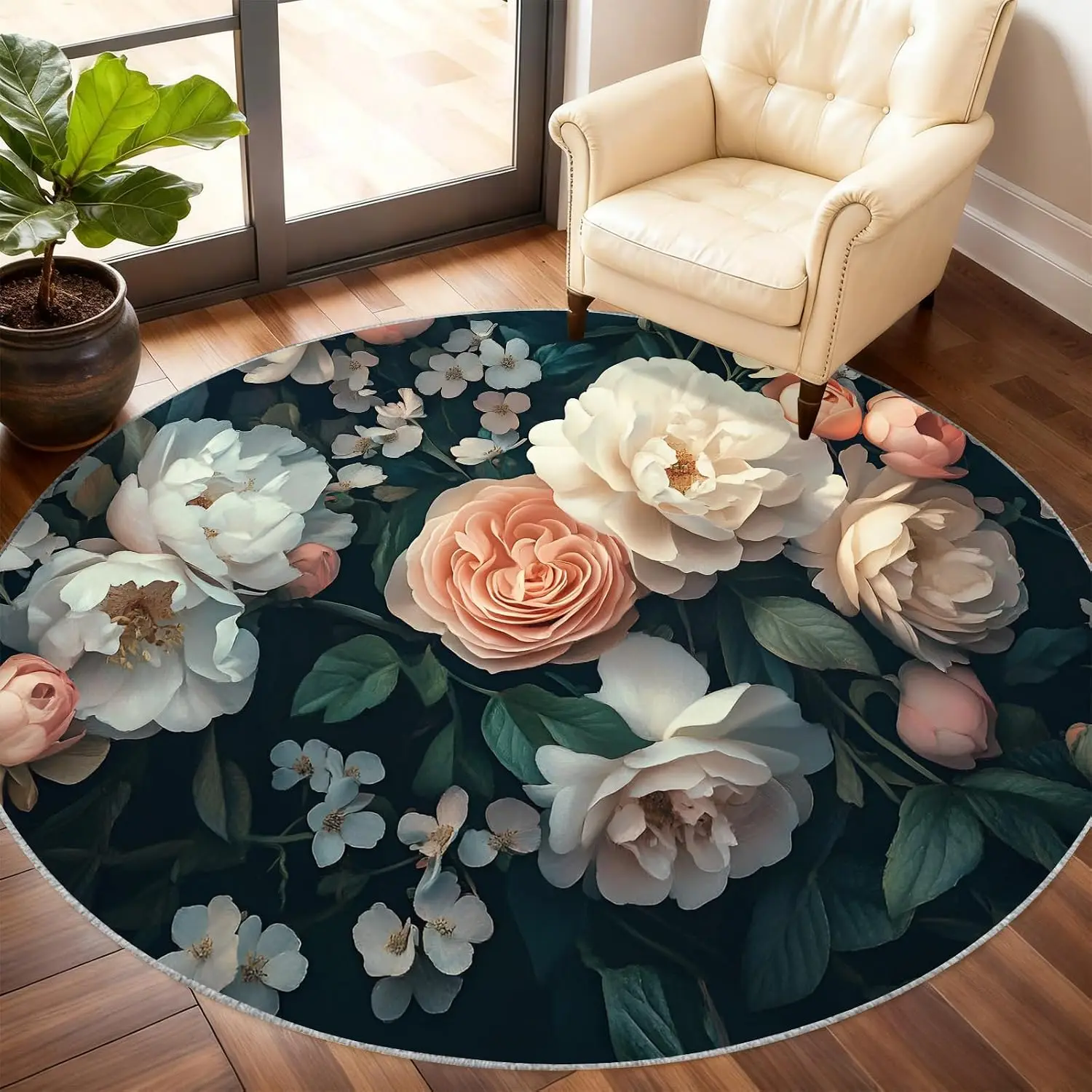 Round Plush Polyester Floral Rug Cushion Mat Realistic Peony Rose Garden Botanical Print for Home Decor Living Room Carpet