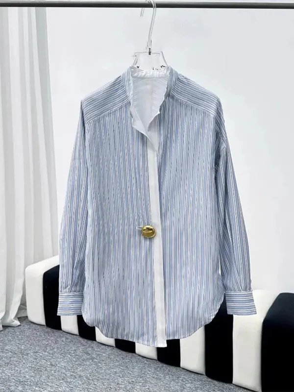 SuperAen Long-sleeved Shirt Women's 2025 Spring and Autumn New Design Niche Contrasting Striped Shirt