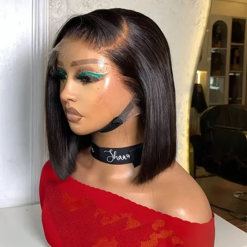 Peluca recta Bob 13X4, pelucas frontales de encaje de densidad 200%, pelucas brasileñas prearrancadas con pelo de bebé 4x4 para mujeres, pelucas de cabello humano Bob # 1B