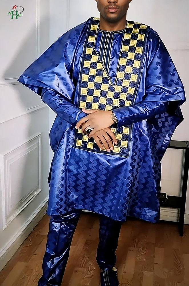 Ropa Africana H&D para Hombre, Conjuntos Tradicionales de Agbada de 3 Piezas, Camisa Azul Bazin Riche, Pantalón Bordado, Trajes para Bodas y Fiestas, Tallas Grandes