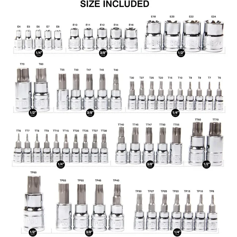 

E4-E24, T6-T70,TT6-TT70,TP8-TP60 Master Torx Bit Socket and External S2 and Cr-V Steel， Torx Socket Set, 60-Piece Set,