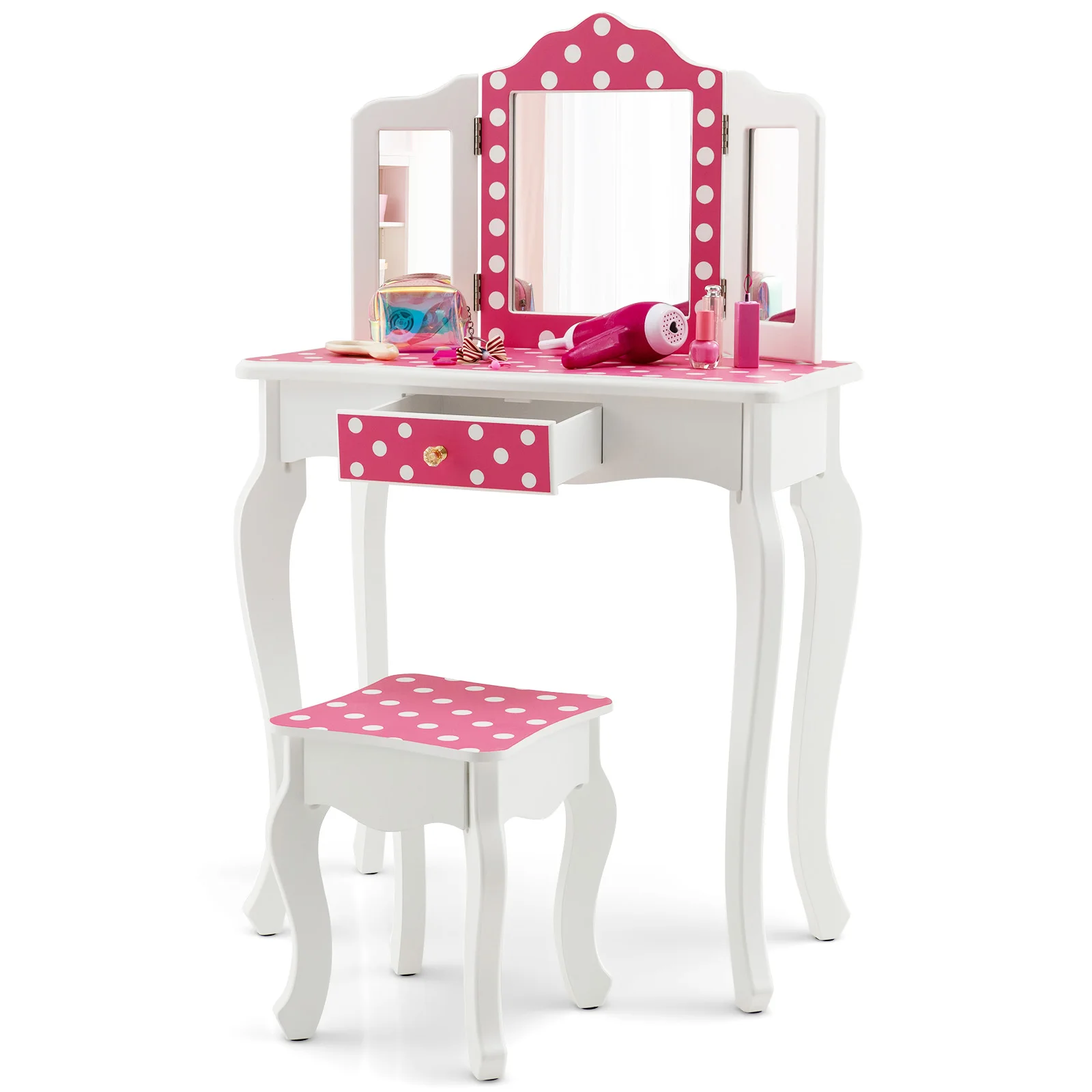 Kid Vanity Set Wooden Makeup Table Stool Tri-Folding Mirror Polka Dot Print Pink