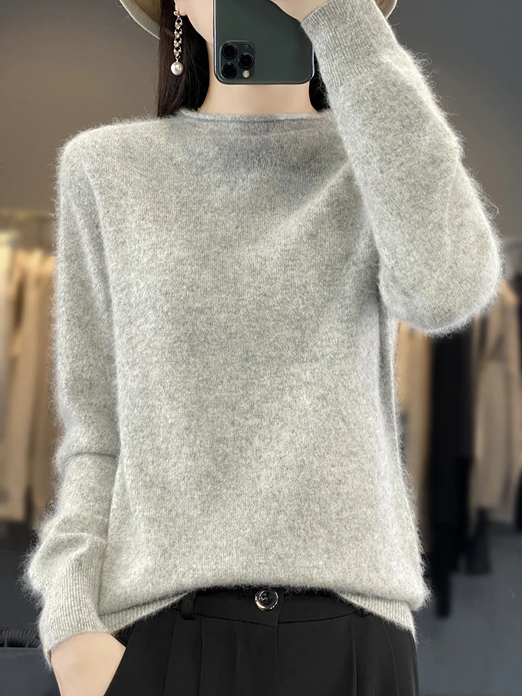 

100% Mink Cashmere Women Sweater Basic Bottoming Female Pullover Long Sleeve New Knitwear Tops Ruffled Collar Autumn Winter New