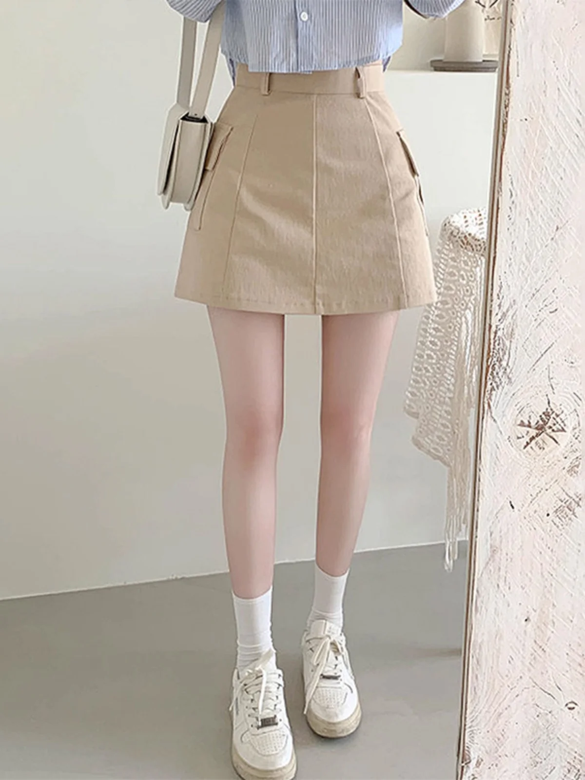 Khaki High Waist A-Line  Skirt Women's Casual Sle Skin-Friendly Breathable Cotton Workwear ort Skirt Spring Summer