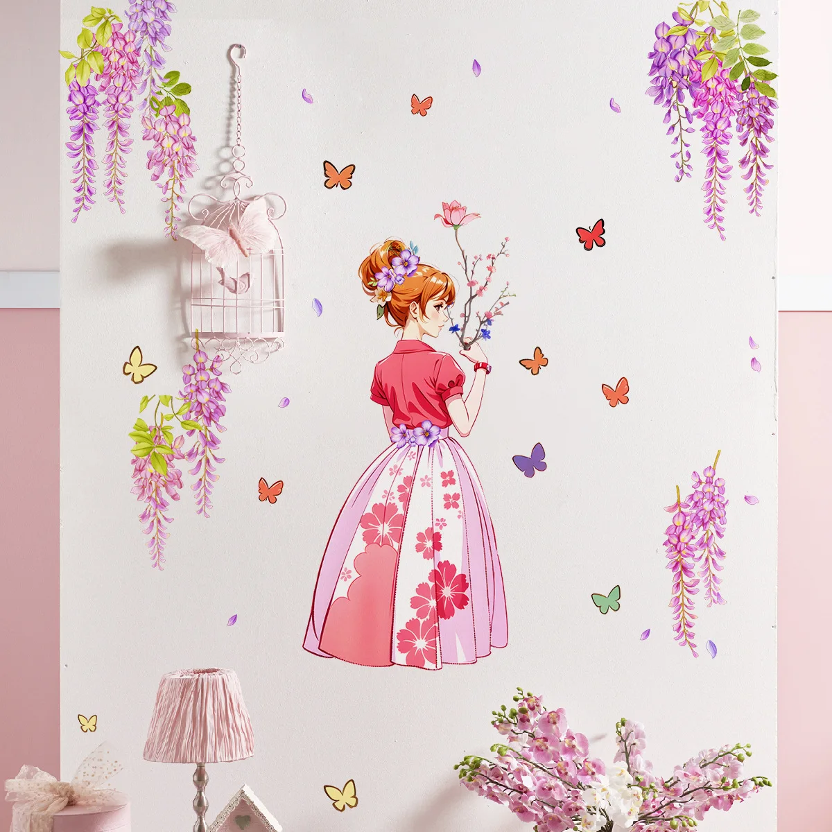 2pcs Plant Vine Girl Butterfly Wall Stickers Living Room Bedroom Background Wall Home Decorative Wall Stickers Wallpaper Ms3032