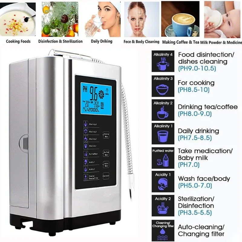 Alkaline Water Ionizer 729,Built-in a Filter,Produces pH 4-10.5 Water,7 Water Settings,Up to -570mV ORP, 8000L Per Filter,Silver