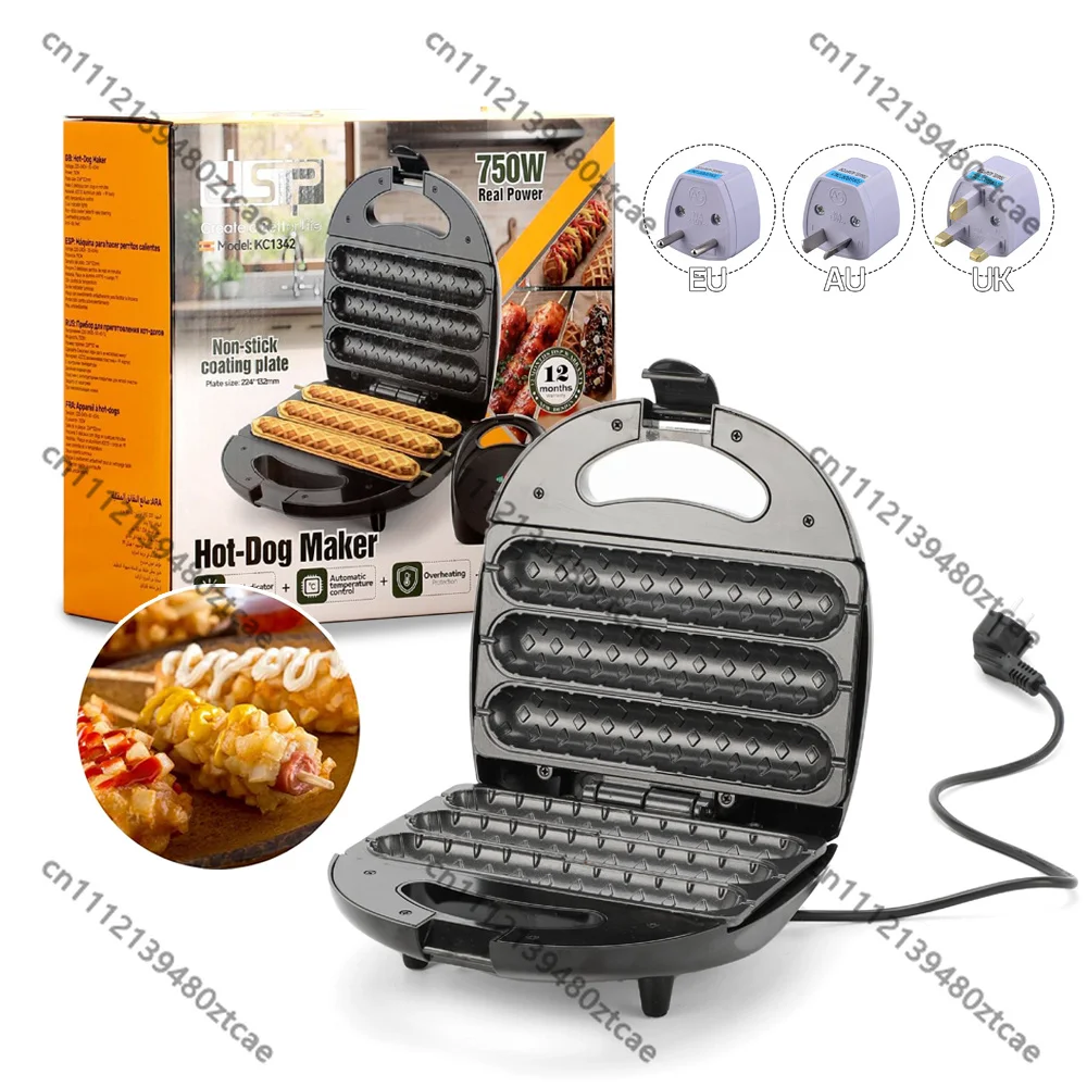 Electric Hot Dog Machine 3 Corn Dogs Waffle Maker Non-stick Double-sided Heating Sausage Rolls Kitchen Griddle for Party Festive