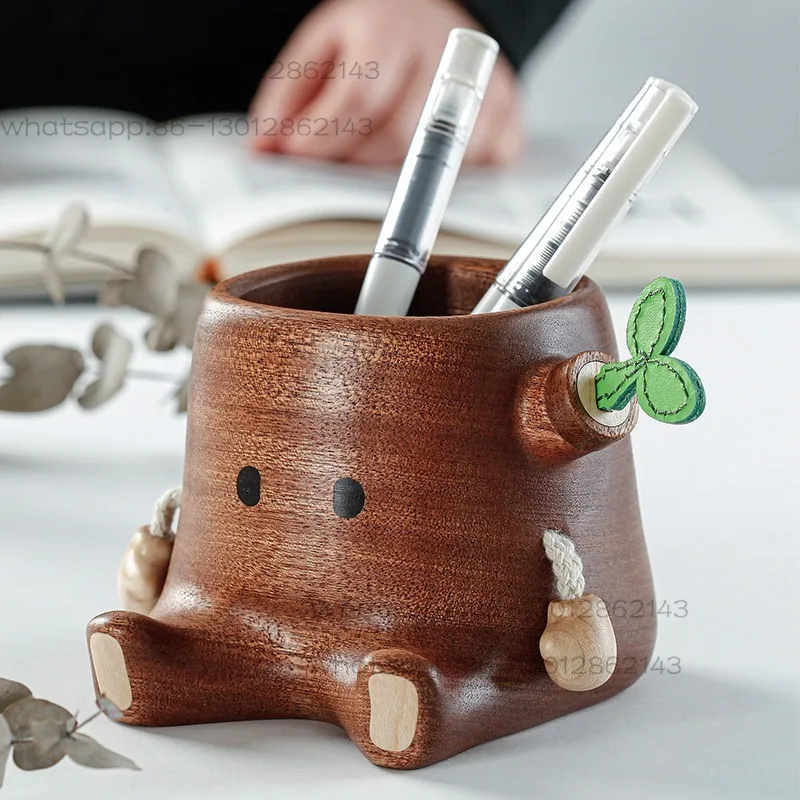 Creative cute little stump solid wood pen holder, wooden pen insert children's room desktop ornament, cosmetic storage bucket