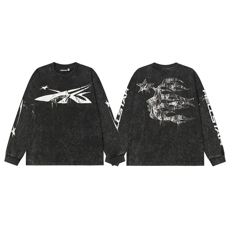 Hellstar American High Street Vintage Star Print Washed Distressed Unisex Mens Women Loose Long Sleeve T-Shirt Ins Y2K
