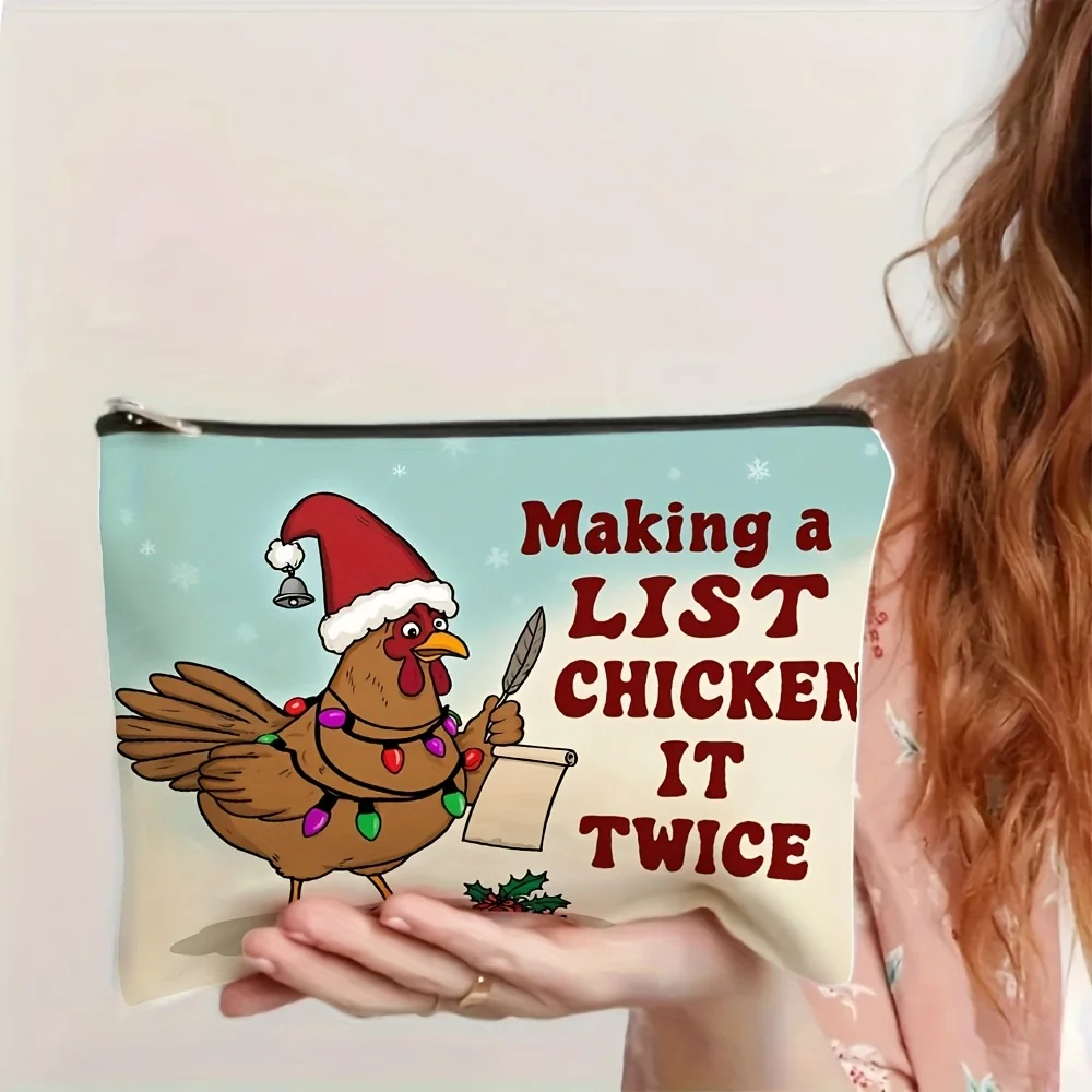 Una borsa per il trucco con motivo pollo natalizio: custodia multifunzionale con cerniera, borsa per riporre gioielli, piccola custodia con cerniera da viaggio perfetta b