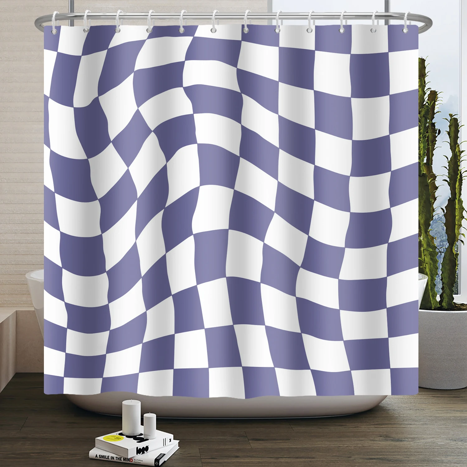 Abstract Psychedelic Black White Checkered Shower Curtain 70s Modern Aesthetic Wavy Geometric Plaid Bathroom Curtain Waterproof