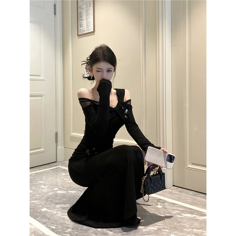 MEXZT Vintage Black Knitted Midi Dress Women Party Prom Sexy Slash Neck Slit Dresses Winter Elegant Korean Bodycon Chic Vestidos