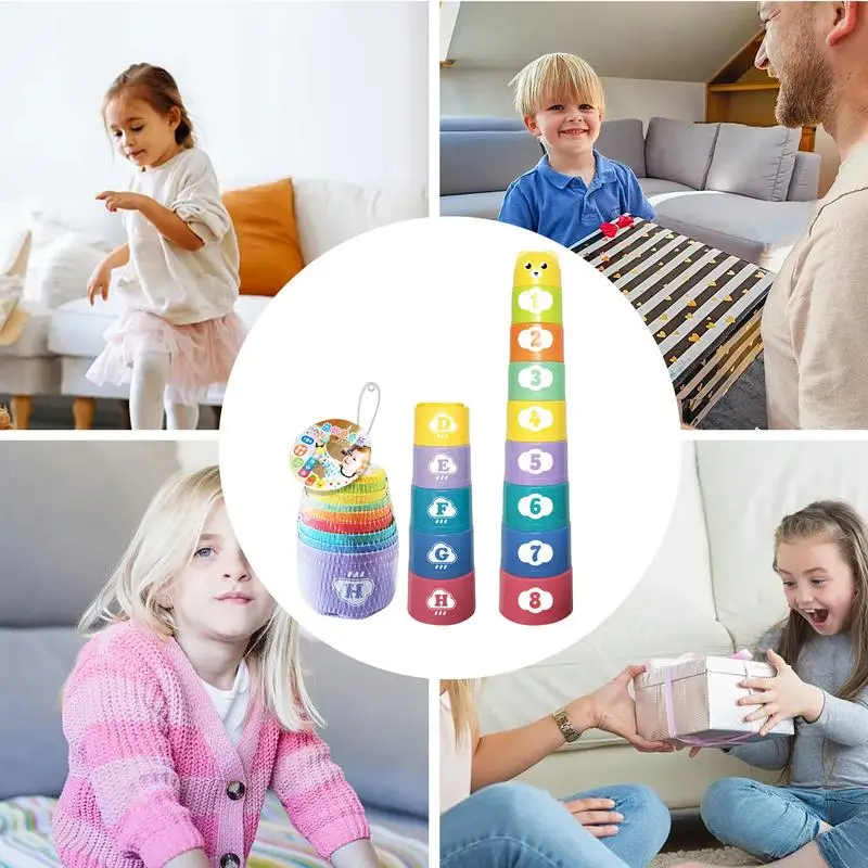 Number & Letters Children Educational Toys Baby Fun Stacking Cups Toy Fun Rainbow Cups Stacking Tower Toy