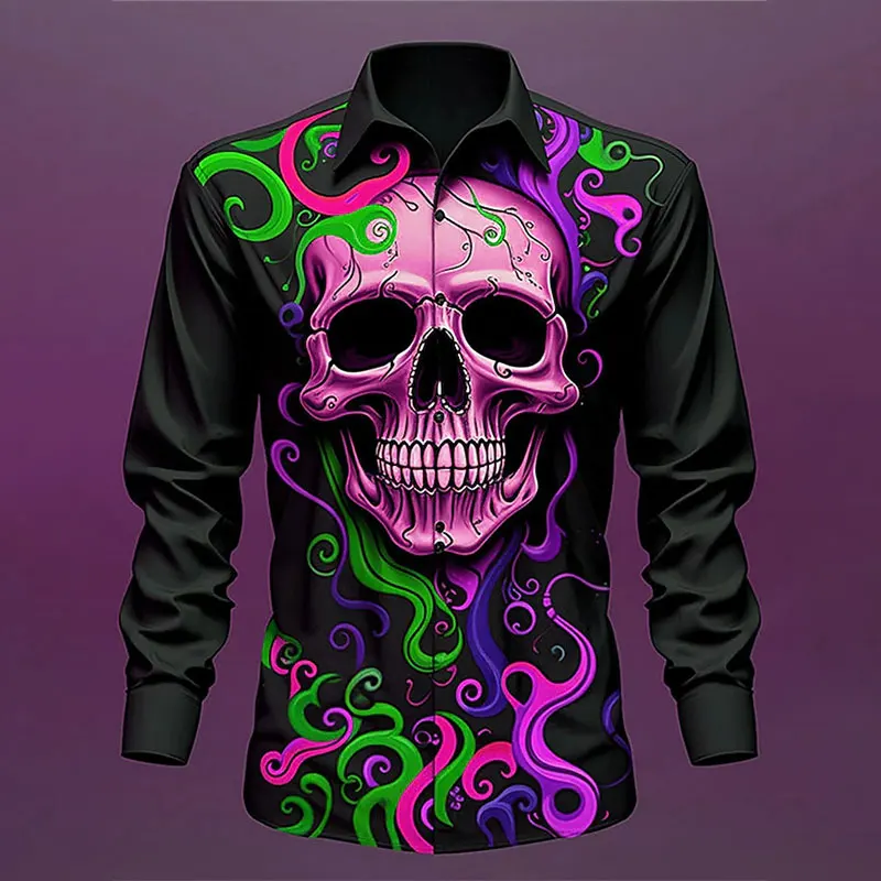 2024 New Men's Fall Long Sleeve Polo Collar Men's Temperament Shirt 3D Skull Print Comfortable Men's Halloween Party Costume