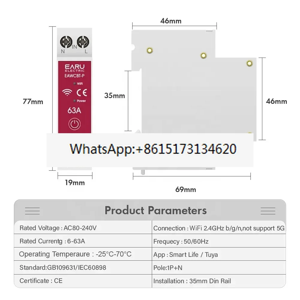 Intelligent circuit breaker MCB 1P + N 63A timer power supply energy kWh voltage ammeter protector
