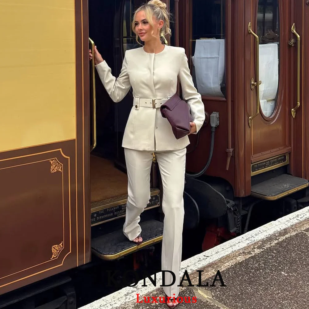 KONDALA Office Lady Chic White Women Suits O Neck Belt Blazer Straight Long Pants Fashion 2025 Autumn Spring Elegant Women Suits