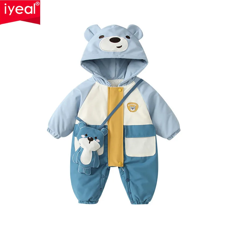 IYEAL Baby Winter Thick Jumpsuit Outdoor Windproof Jacket Baby Boy Color Blocked Cartoon Teddy Bear Long Sleeved Romper