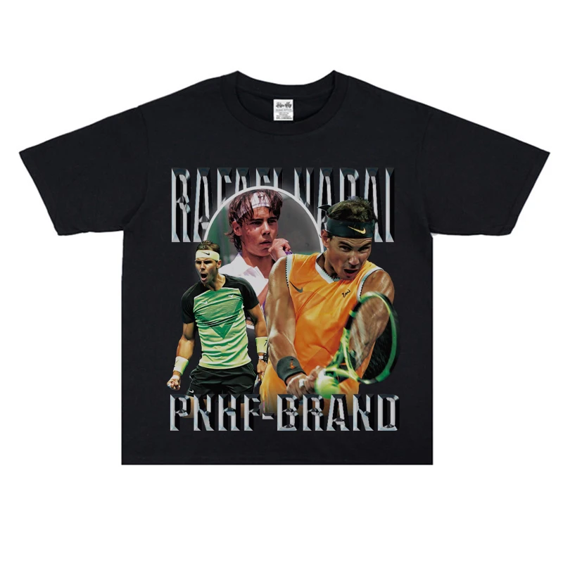 Figura de jugador de tenis Rafael Nadal americano suelto para hombres y mujeres Camiseta de algodón de cuello redondo de alta calidad de manga corta