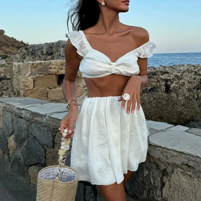 Tank Top Puffy Mini Skirt Two Piece Set Women Summer Sling Crop Top Short Skirt Sets Female Beach Casual Dress Set Suit 2025