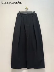 Kuzuwata Simple A-line All-match Loose Skirt Vintage High Waist Vent Mid-length Soft Faldas Japan New Moda Straight Mujer Falda