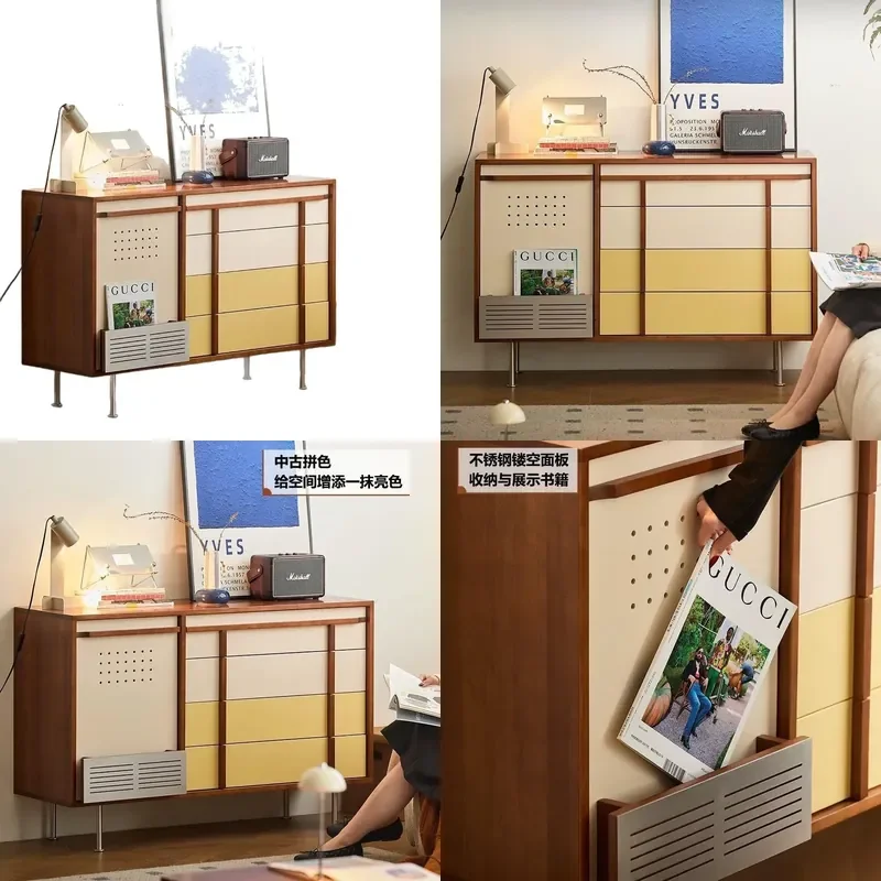 Vintage Solid Wood Sideboard with Contrast Drawers Compact Storage Cabinet for Living Room Bedroom Dining Area Wall Unit