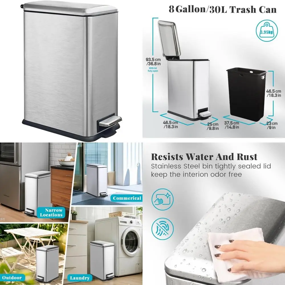 

Stainless Steel Slim 8 Gallon Trash Can with Soft Close Lid, Removable Bucket, Odor Control, Fingerprint Resistant