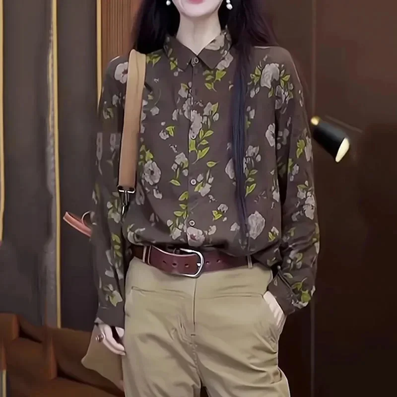 

2026Summer New Casual Floral Print Blouses Women Turn Down Collar Long Sleeve Vintage Joker Shirt Breathable Stylish Tops Ladies