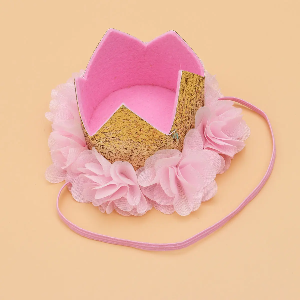 

1 Piece Flower Crown Birthday Hat for Baby Girl Elegant Chiffon Hairband with Bling Gold Tiara Party Headwear First Birthday