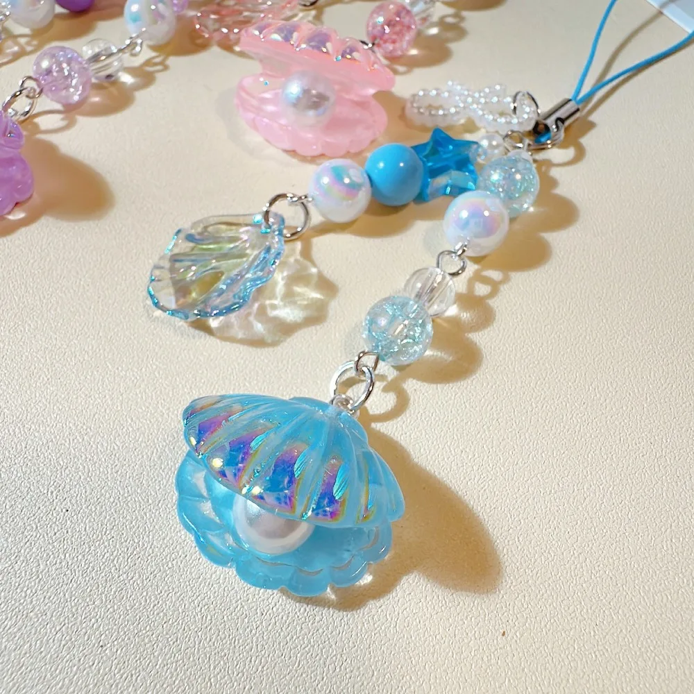 Korean Mobile Phone Straps Lanyard Glitter Pearl Shell Phone Strap Charm Chain Knot Keychain Woman Girl Bag Camera Pendant