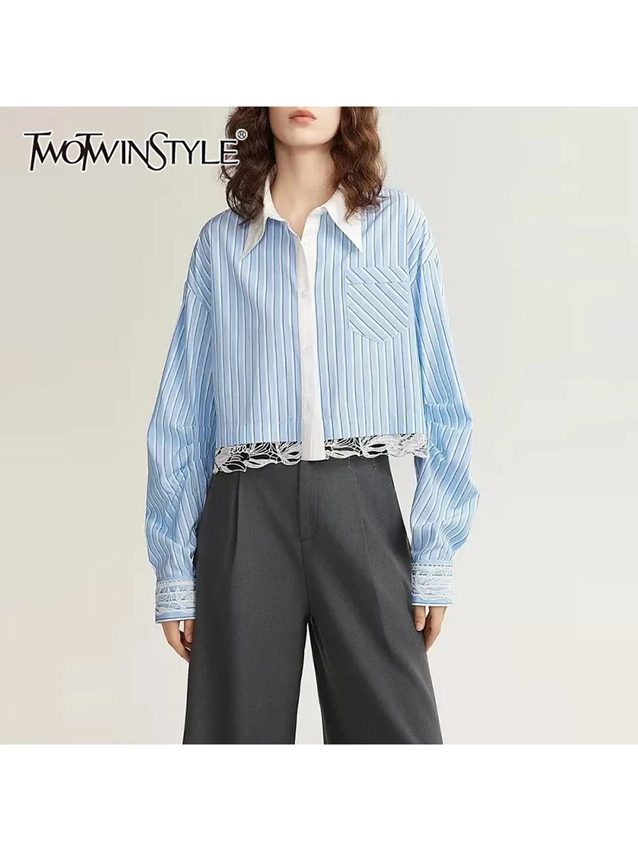 

TWOTWINSTYLE Hit Color Slimming Spliced Striped Shirts for Women Lapel Long Sleeves Patchwork Lace Temperament Shirt Female New