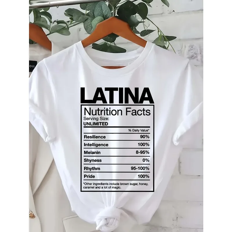 

Women's Humorous Nutrition Facts Print Short-Sleeve T-Shirt 100% Daily Pride & Symmetry Slogan White Casual Women's Top
