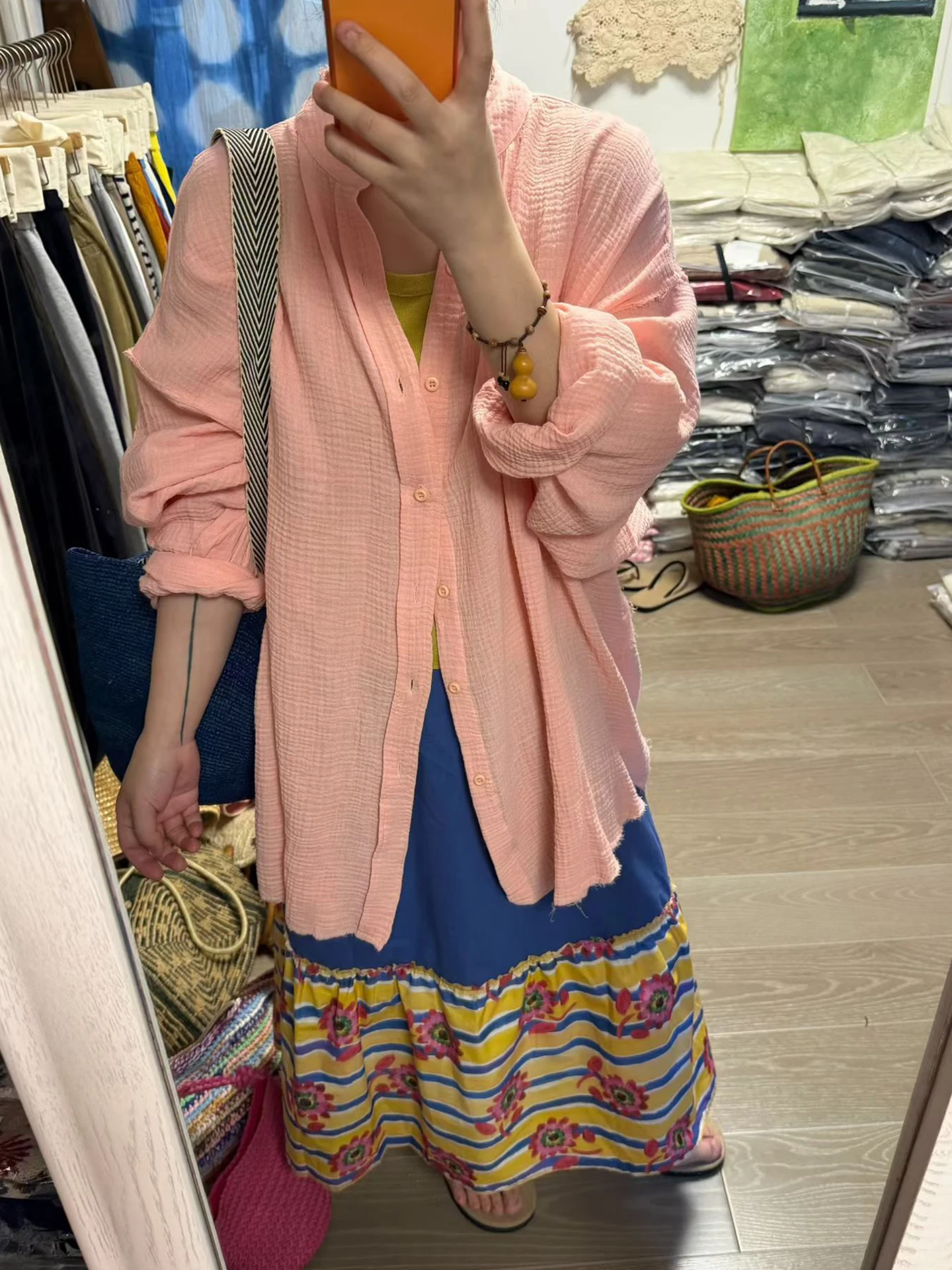 

Spring Summer Loose Floral Print Yellow Stripe Half Skirt plus Size Women's Clothing A-Line Long Skirt for All Body Types