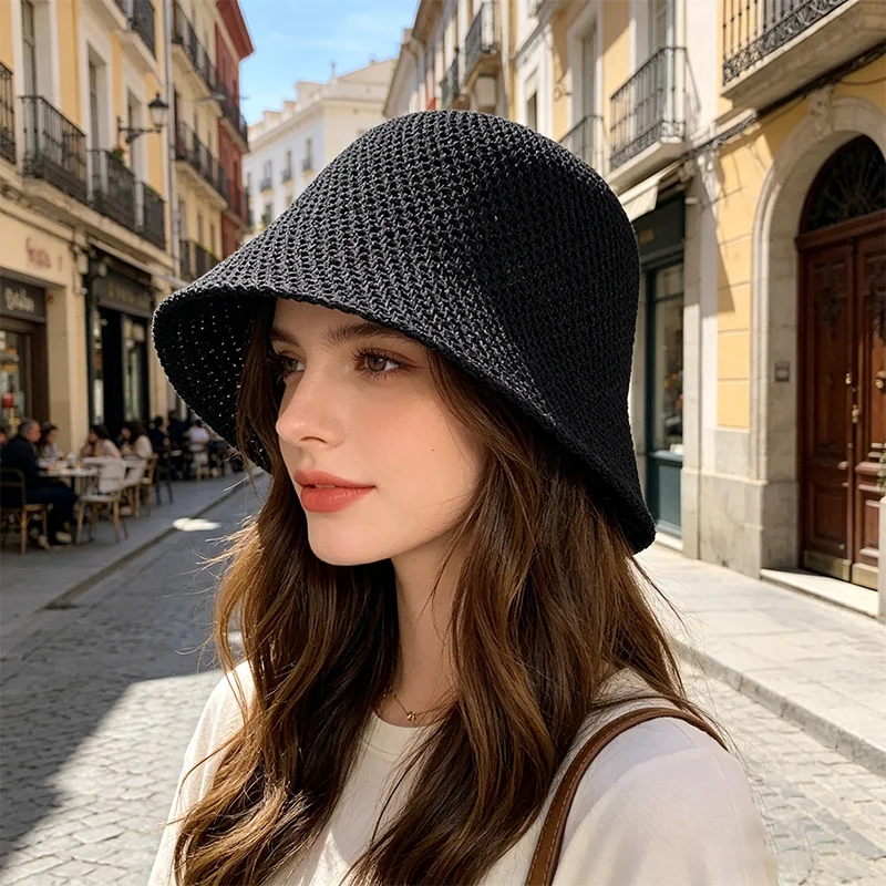 Damen Bucket Hat Sommer Ausgehöhlter Dünner Atmungsaktiver Sonnenhut Weibliche Strand Panama Kappe Faltbare Outdoor Japanische Freizeit Fischerhut