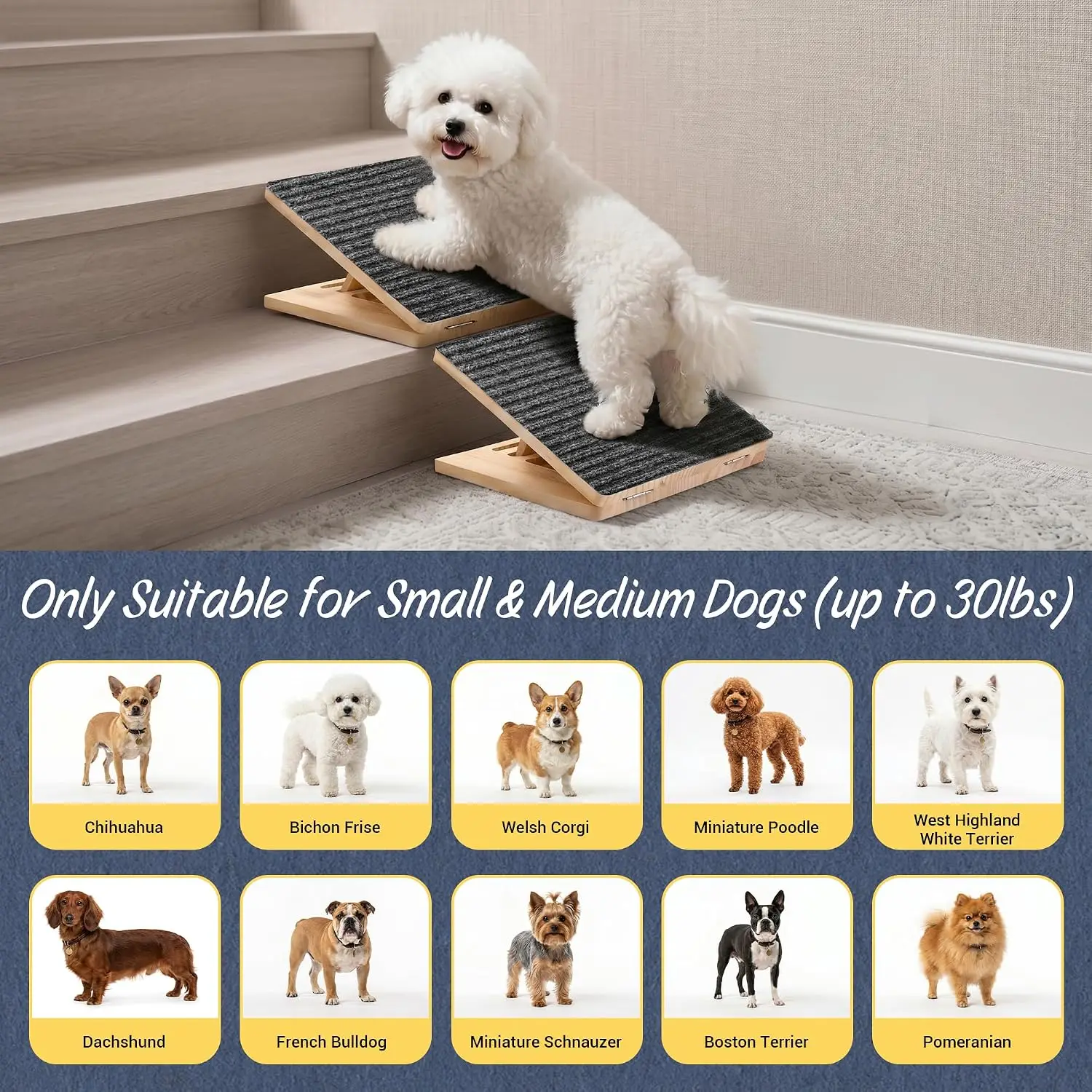 Dog Ramp for Stairs 6 Pack - Adjustable Wooden Stair Wedges for Small Dogs, Foldable Indoor Dog Stair Ramp with Triangular Suppo