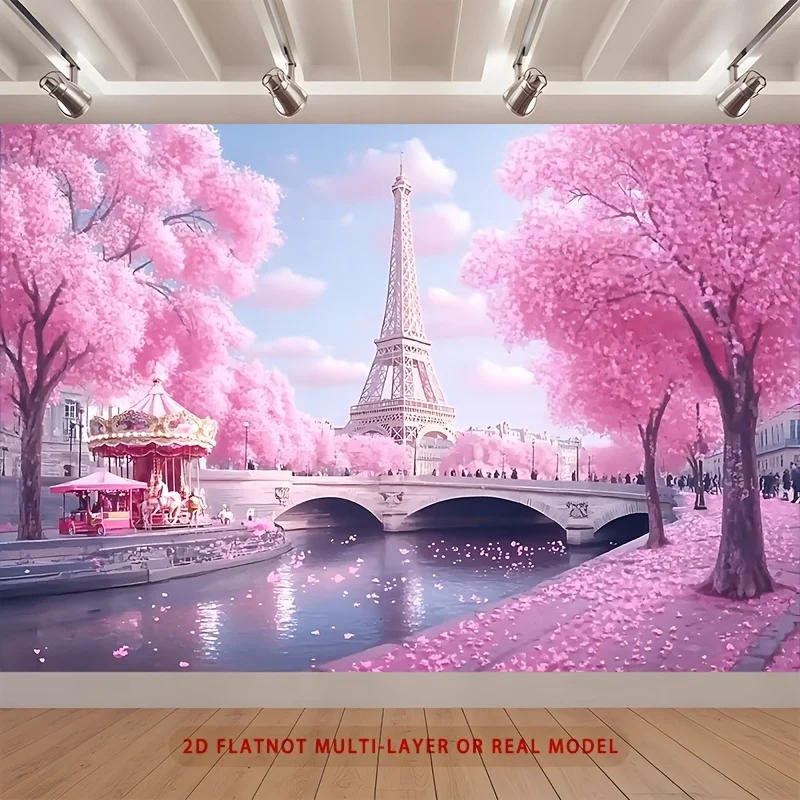 Pink Cherry Blossom Eiffel Tower River Romance Tapestry 2D Flat Printing Wall Hanging Backdrop for Bedroom Wedding Decor Dreamy