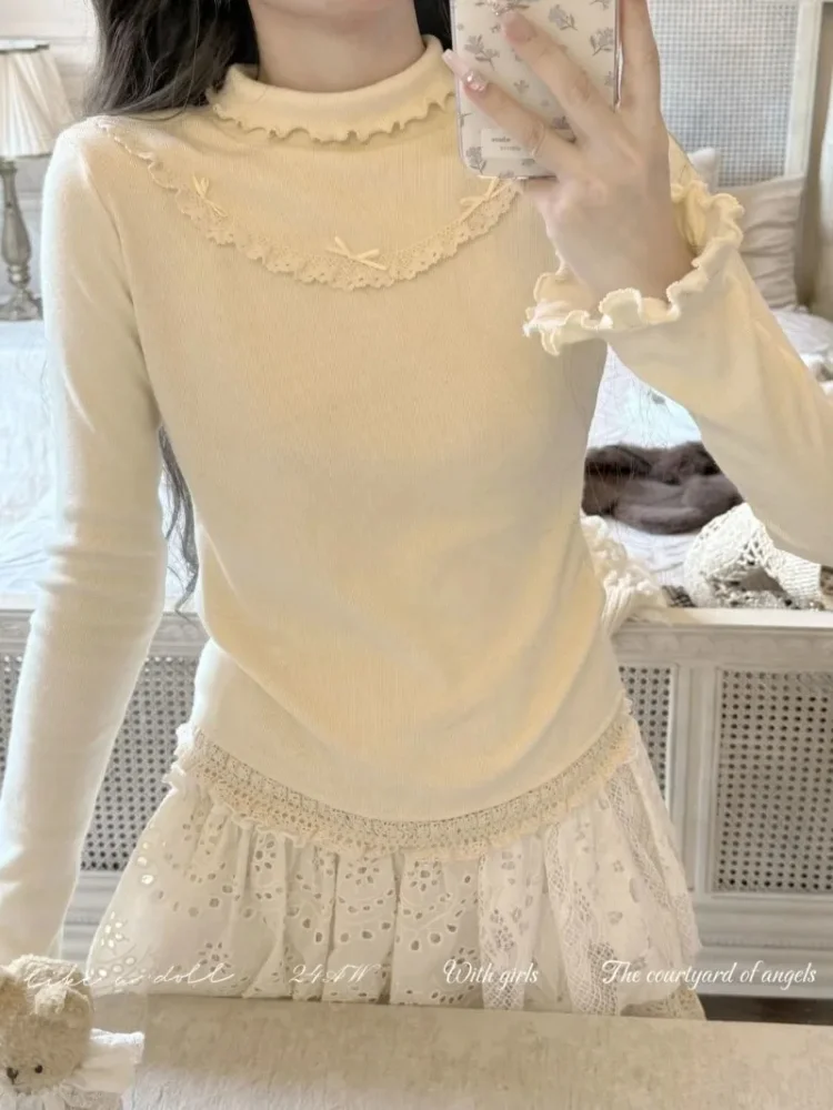 

Japanese Sweet Bow Lace Splicing Turtleneck T-shirt Women Autumn Solid Slim Fit Bottomed Tops Long Sleeve Y2k Pullover