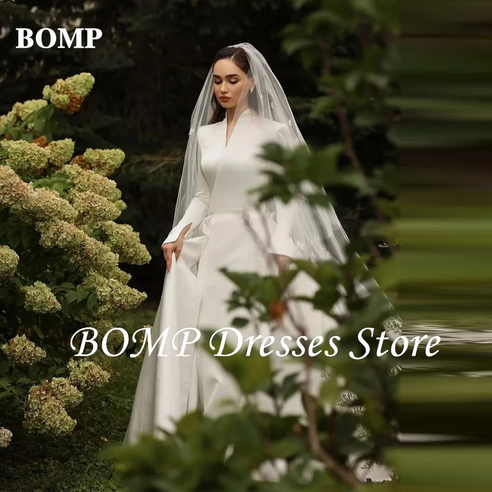 BOMP Simple Wedding Dresses Thick Satin Long-Sleeve Vintage Modest Bridal Gown Pleats Muslim Arabic Bride Dress Customized