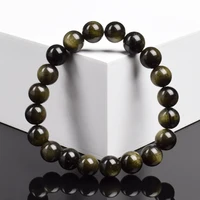 Natural Golden Obsidian Stone Beads Bracelet Men Women Golden Light Rainbow Obsidian Raw Stone Round Bead Natural Energy Jewelry - Image 3