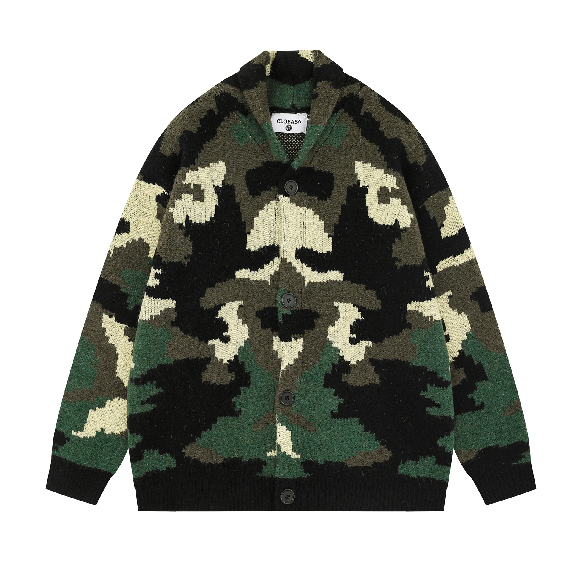 

Винтажная камуфляжная вязаная куртка-кардиган, осенне-зимняя трикотажная одежда с воротником-стойкой и принтом для мужчин, мешковатый свитер, пальто