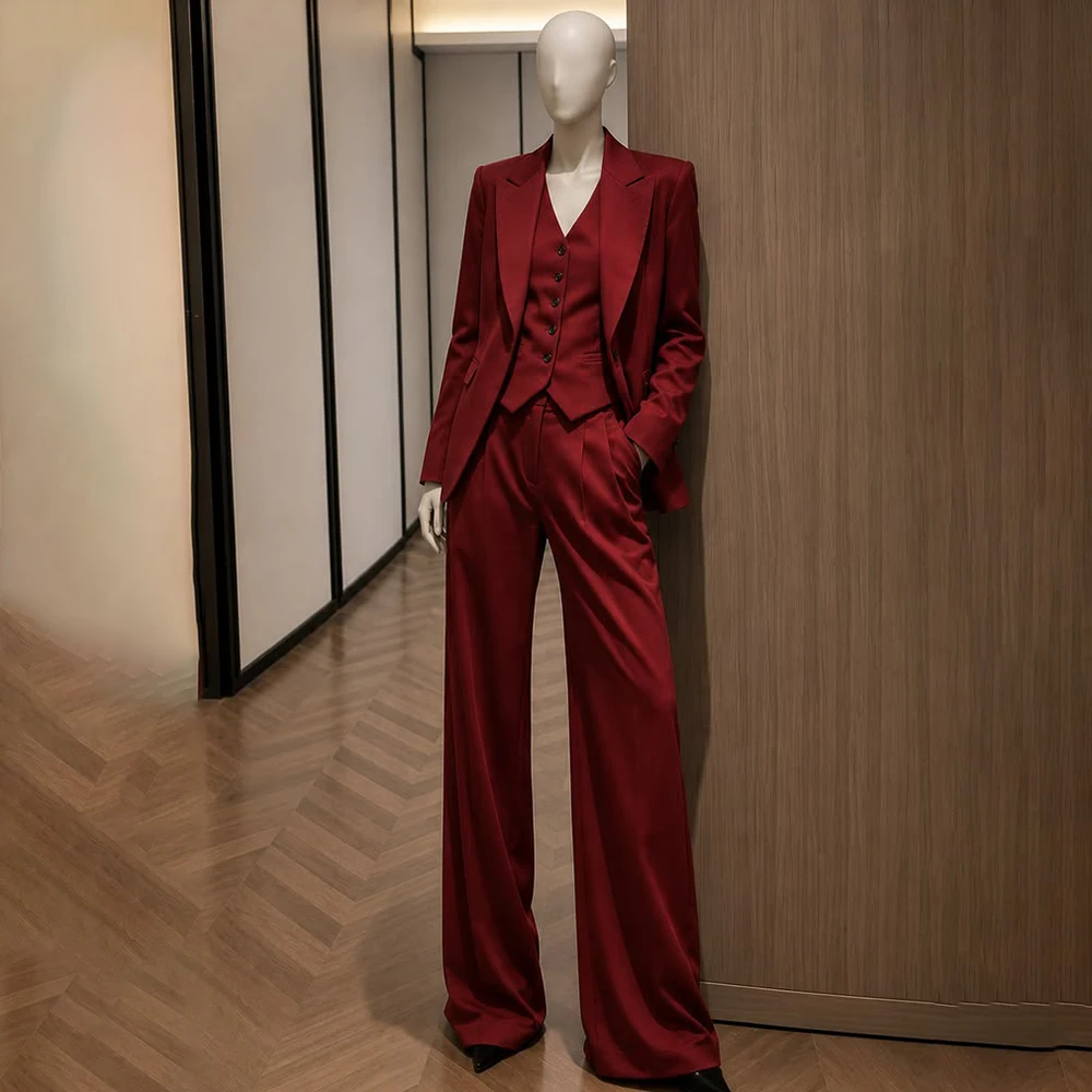 Elegant Women 3 Pieces Wine Red Suit Blazer Vest Wide Leg Pants Set Formal Business Wedding Guest Party Evening Prom Outfit