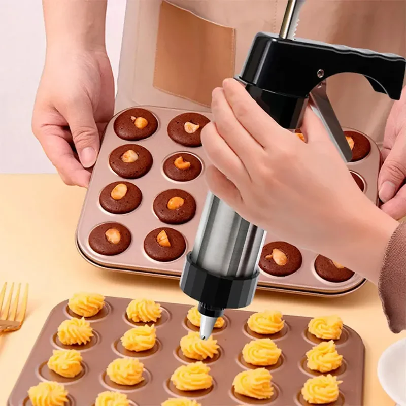

Stainless Steel Cookie Press Maker Gun For Baking Cookie Press Gun Kit 8 Piping Tips, 13 Decorative Stencil Discs Dessert Making