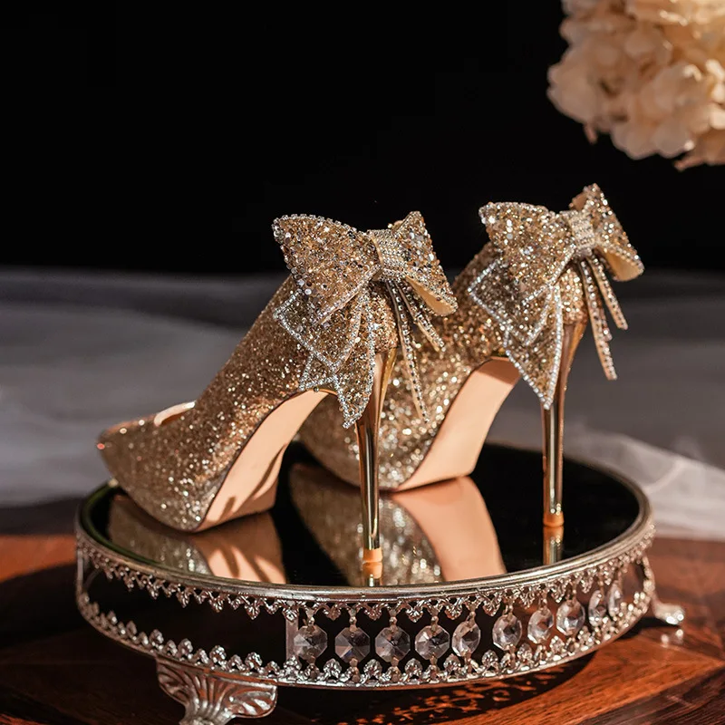 2023 Autumn Luxury Women\'s Shoes Pointed Toe Waterproof Platform Sequins Rhinestone Bow Crystal High Heels Party Wedding Shoes