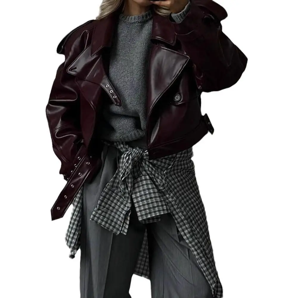 여성용 PU 가죽 재킷 레드 와인 색상 플립 칼라 모터사이클 재킷 조절 가능한 소매 빈티지 스타일 롱 소매 코트
