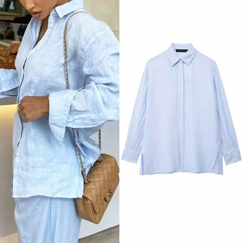 TRAF Blue Linen Women Shirt Plus Size Button Lady Blouse New In 2024 Spring Summer Fashion Casual Elegant Office Women Clothing