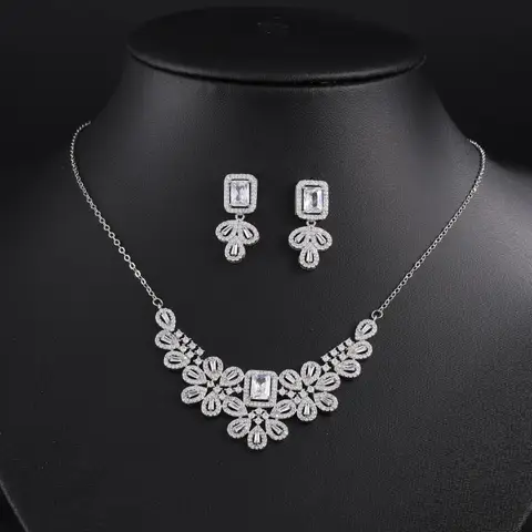 ZAKOL Set di collane con orecchini in zirconi grandi e gocce d'acqua geometriche classiche per gioielli da sposa scintillanti di lusso da donna