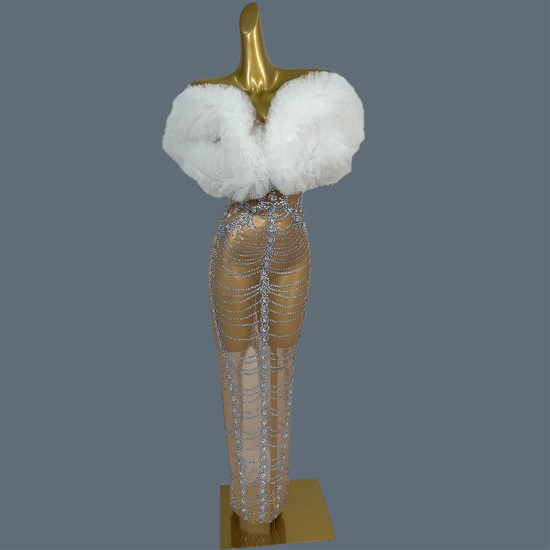 

Silver Rhinestone White Shawl Strapless Evening Gown High-end Elegant Sexy Women Event Prom Party Club Long Dress Outfit Mianhua