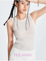 Feilandy 100% Wool Chic Solid Tanks Elegant Striped See Through Hollow Out Women Tops Sleeveless Elastic Tops Club Party Clothes